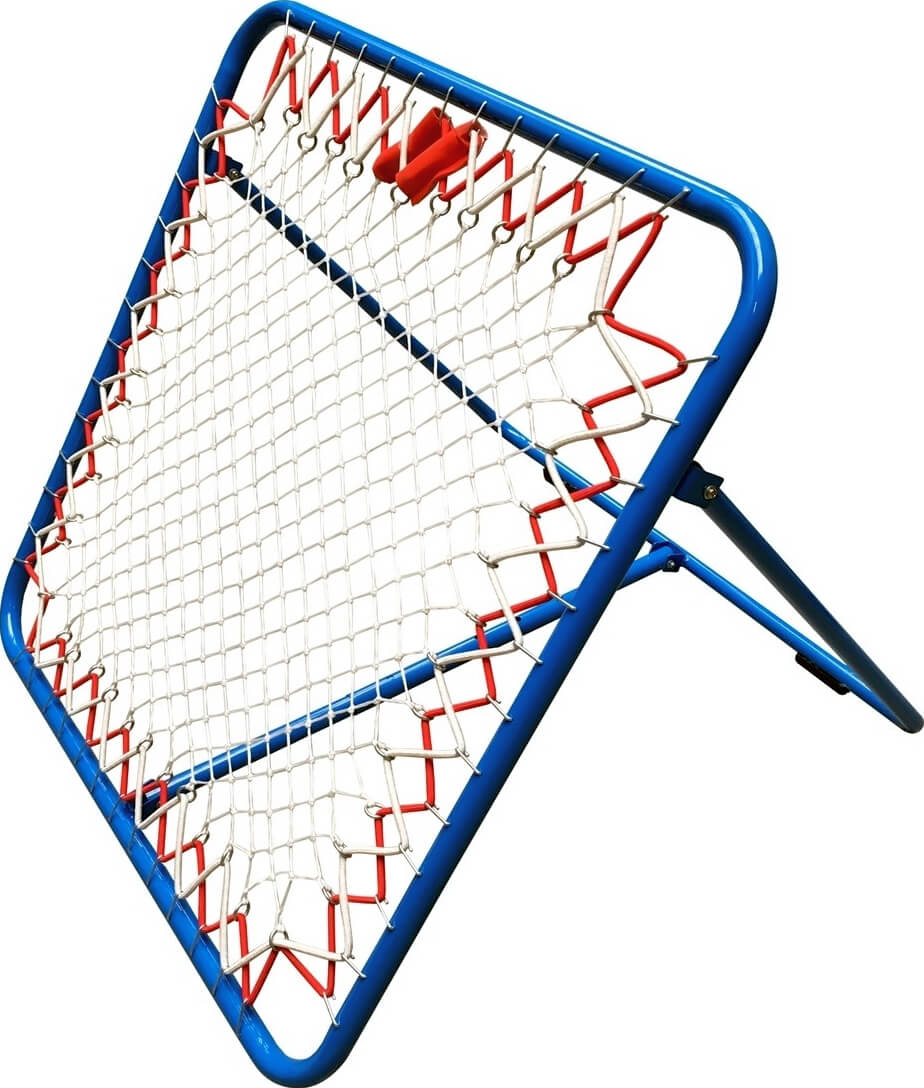 Ein blaues Rebounder-Trainingsnetz mit robustem Gestell und elastischem Gitter, ideal für verschiedene Sportarten.