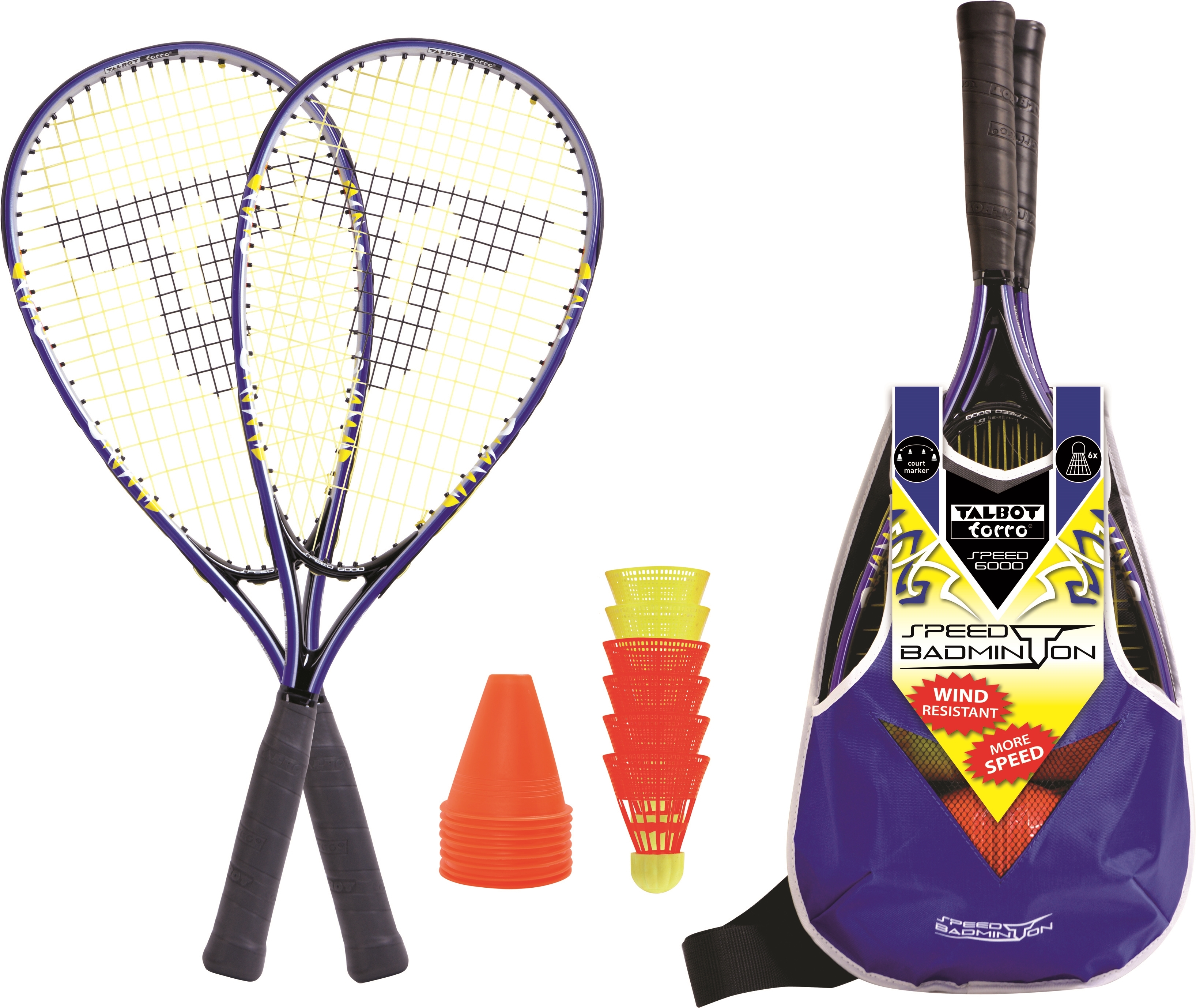 Badminton Komplettset mit zwei Schlägern, Speed-Bällen in Rot und Gelb, orangefarbenen Markierkegeln und einer blauen Tragetasche.