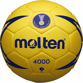 Gelb-blauer Molten Handball Modell 4000 mit blauem Muster und Logo.