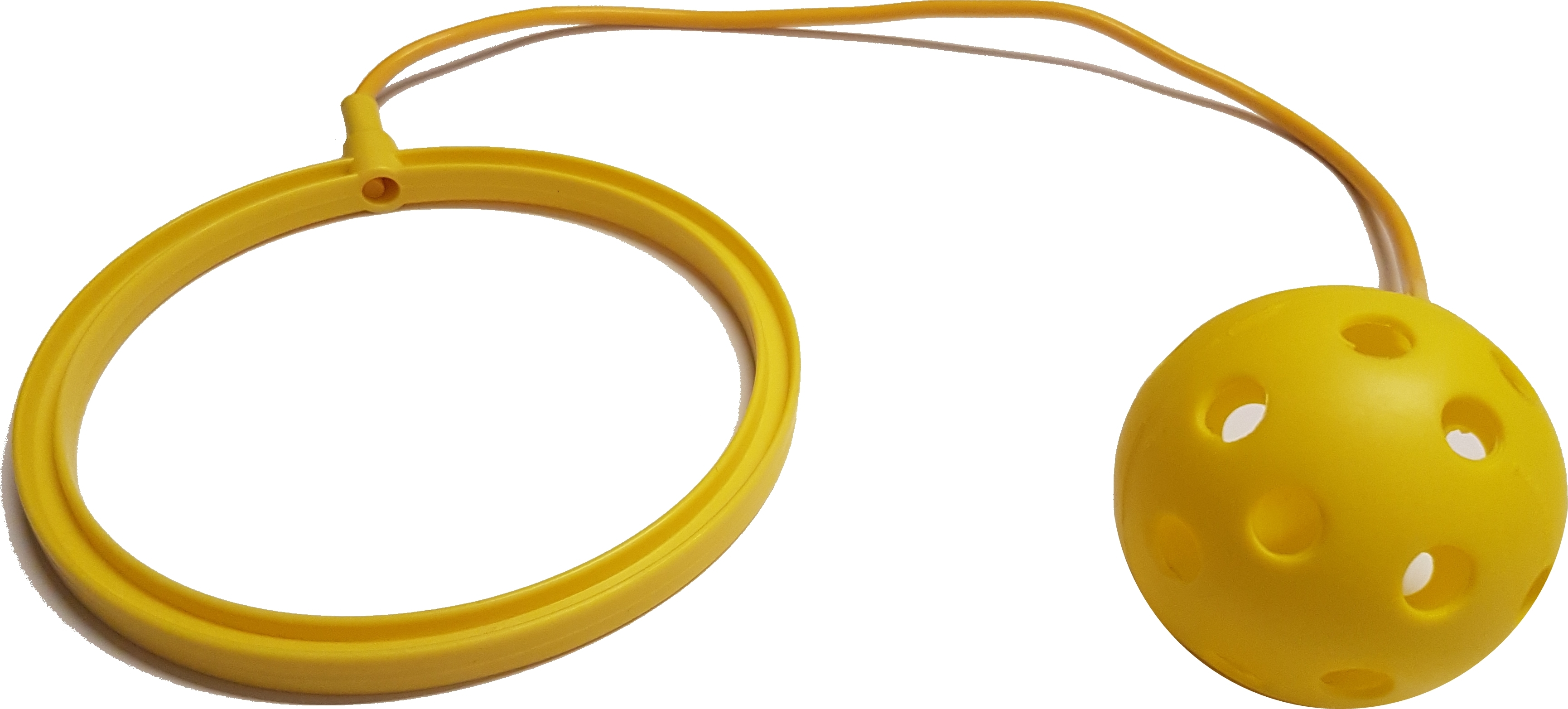 Gelbes Sprungballspiel aus Kunststoff, bestehend aus einem Ring und einem Ball mit Löchern, verbunden durch ein Gummiband.