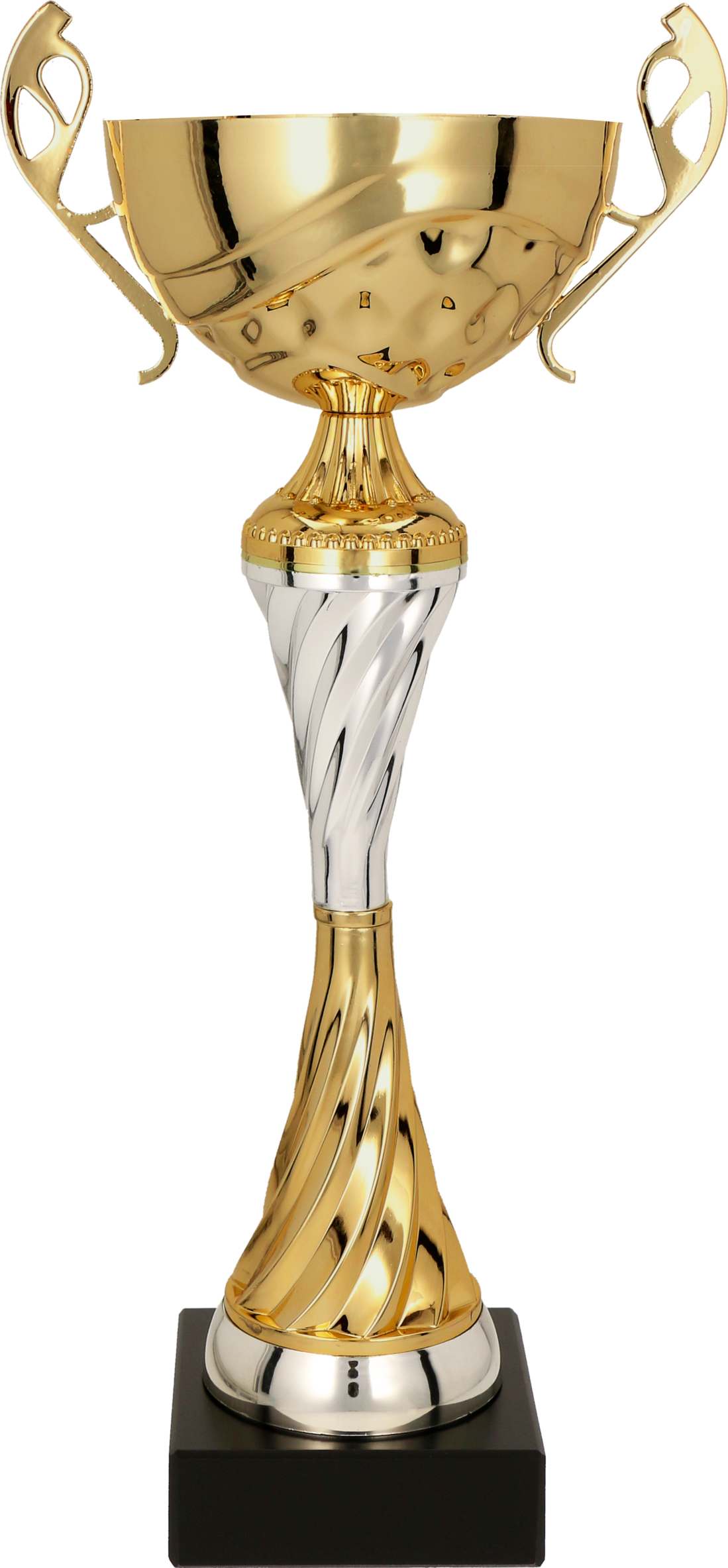 Großer Pokal mit goldener und silberner Spiralsäule sowie schwarzem Sockel