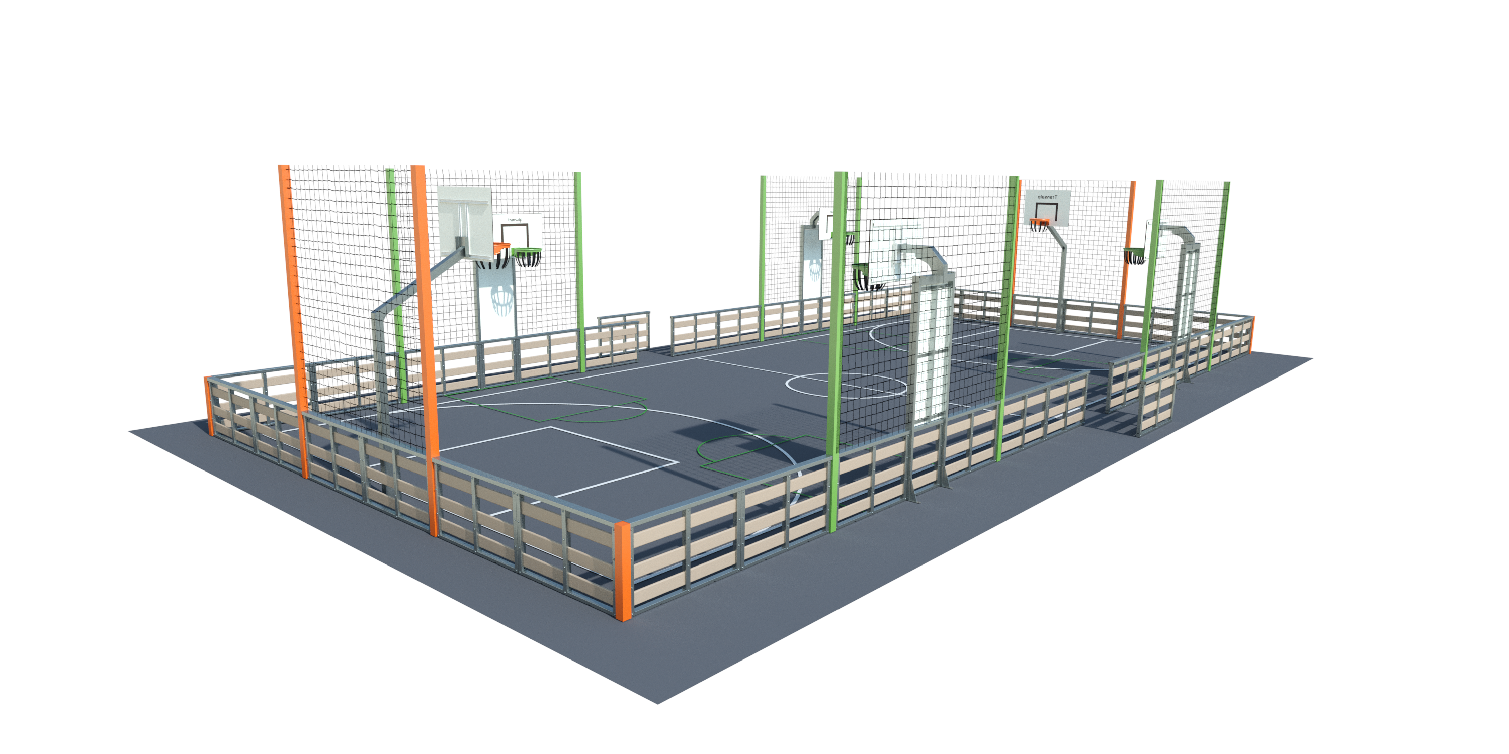 Ansicht eines modularen Sportplatzes mit Basketballkörben und umlaufenden Zäunen aus Metall, geeignet für verschiedene Sportarten.