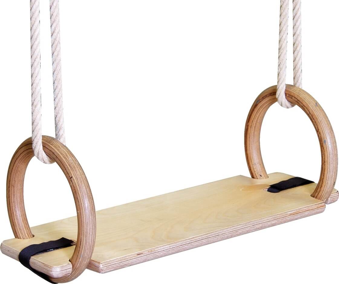 Hölzerne Schaukel mit zwei Ringen und Seilen, geeignet für Kinder und Erwachsene, ideal für den Garten oder Innenbereich.