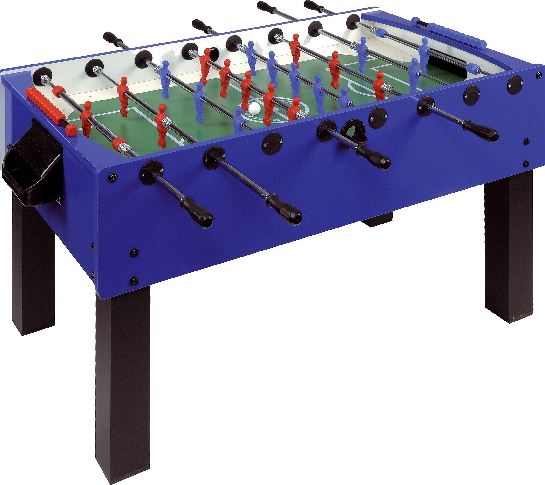 Blauer Tischfußballtisch mit roten und blauen Spielfiguren auf einem grünen Spielfeld