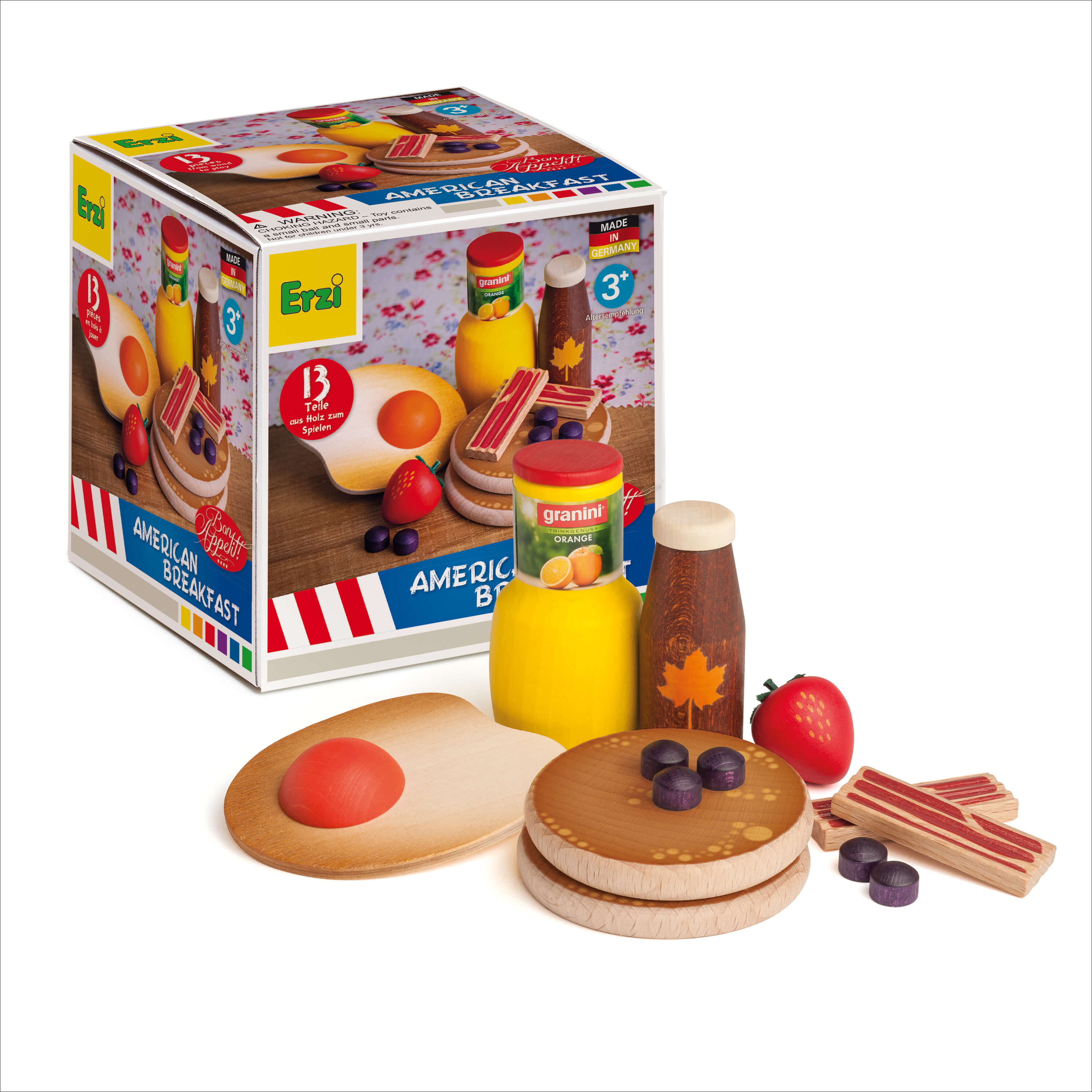 Erzi Holzspielset American Breakfast, inklusive Pfannkuchen, Ahornsirup und Saftflaschen, 13 Teile