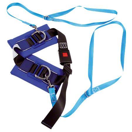 Ein blaues Sicherheitsgeschirr mit schwarzen Gurten und silbernen Schnallen, ideal für Outdoor-Aktivitäten.