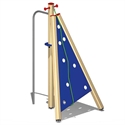 Kleines Klettergerüst für Kinder mit blauer, dreieckiger Kletterwand und stabiler Metallrahmenkonstruktion