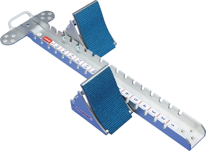 Ein hochwertiger Startblock aus Aluminium mit blauen Fußstützen für Leichtathletik-Wettbewerbe und Training.