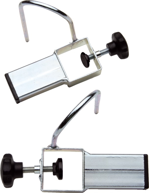 Zwei Metallhalterungen mit Schraubmechanismus und Haken, ideal zur Befestigung.