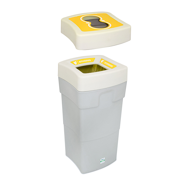 Moderner Grauer Recyclingbehälter mit gelbem, abnehmbarem Deckel für Verpackungen