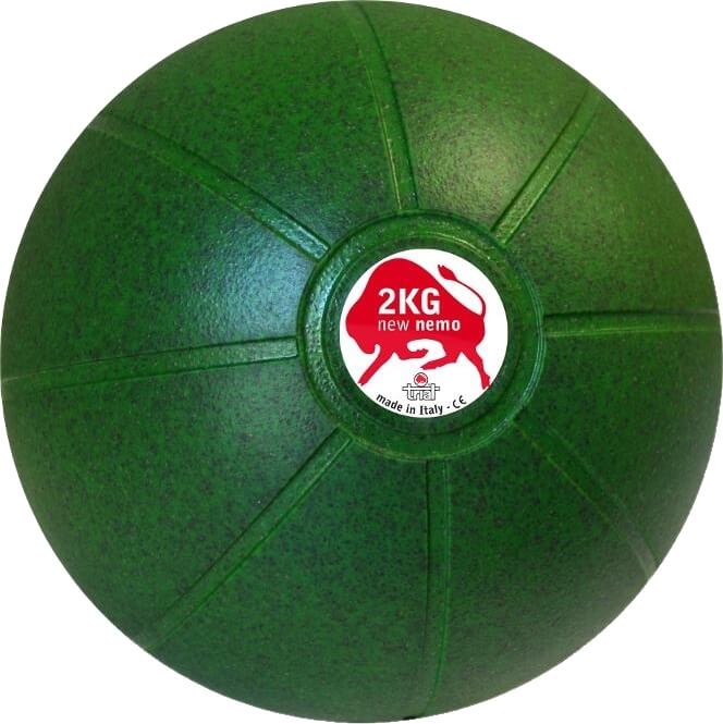 Grüner Medizinball mit 2 kg Gewicht, Modell New Nemo mit rotem Logo, hergestellt in Italien
