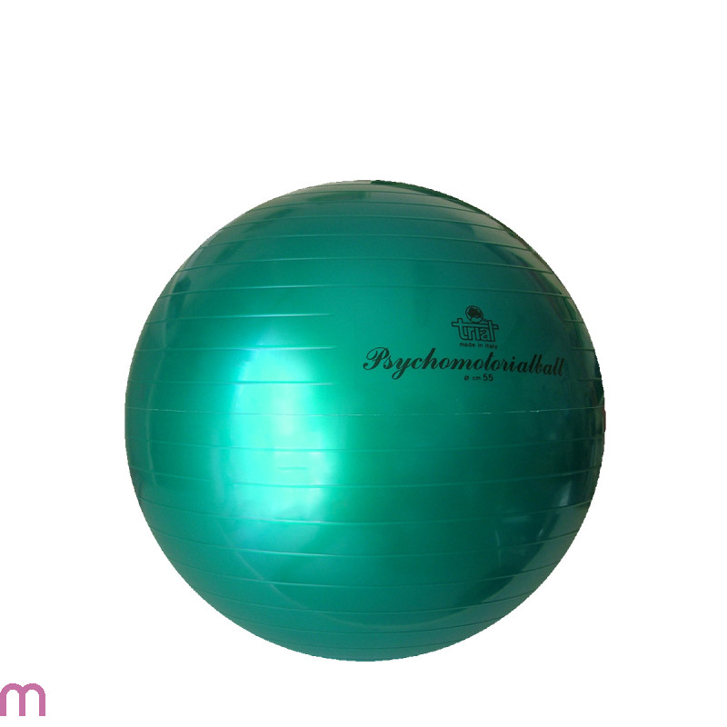 Ein grüner Psychomotorikball mit der Aufschrift 'Psychomotorikball' und einem Durchmesser von 55 cm, geeignet für Fitnessübungen und therapeutische Anwendungen.