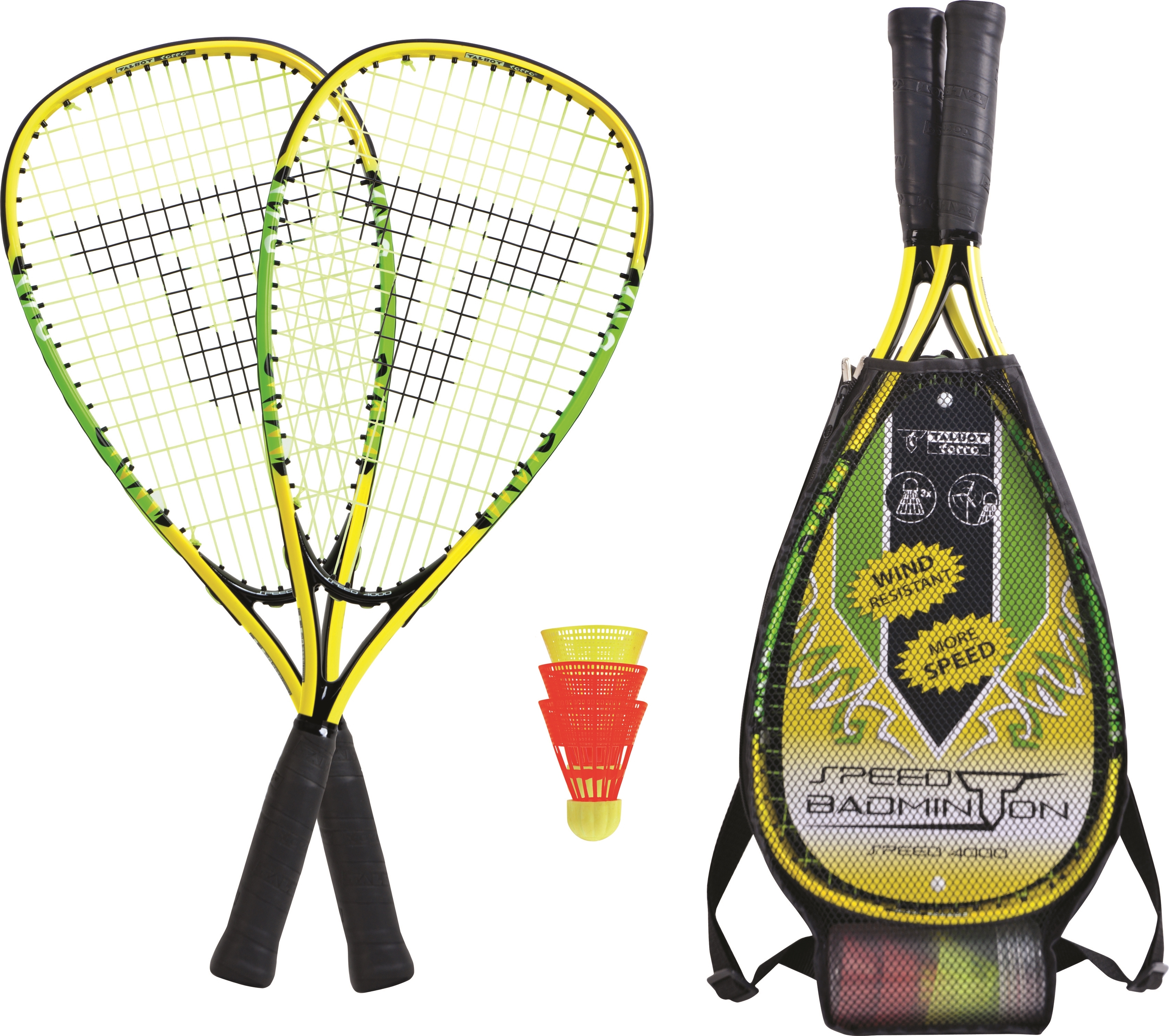 Set bestehend aus zwei Badmintonschlägern, Federbällen und Tragetasche