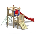 Holzspielplatz mit bunter Rutsche und Kletternetz für Kinder