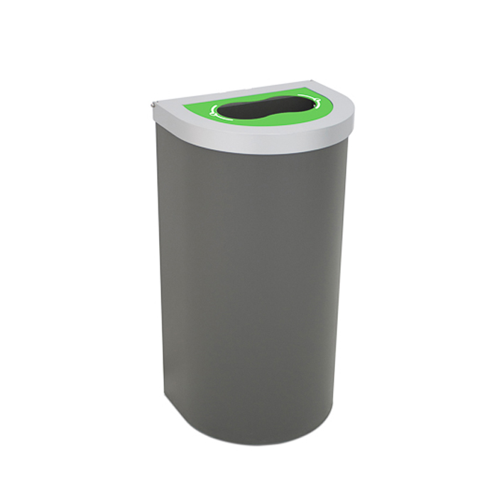 Ein halbrunder, grauer Mülleimer mit einem grün markierten Recycling-Deckel, ideal für Abfalltrennung.