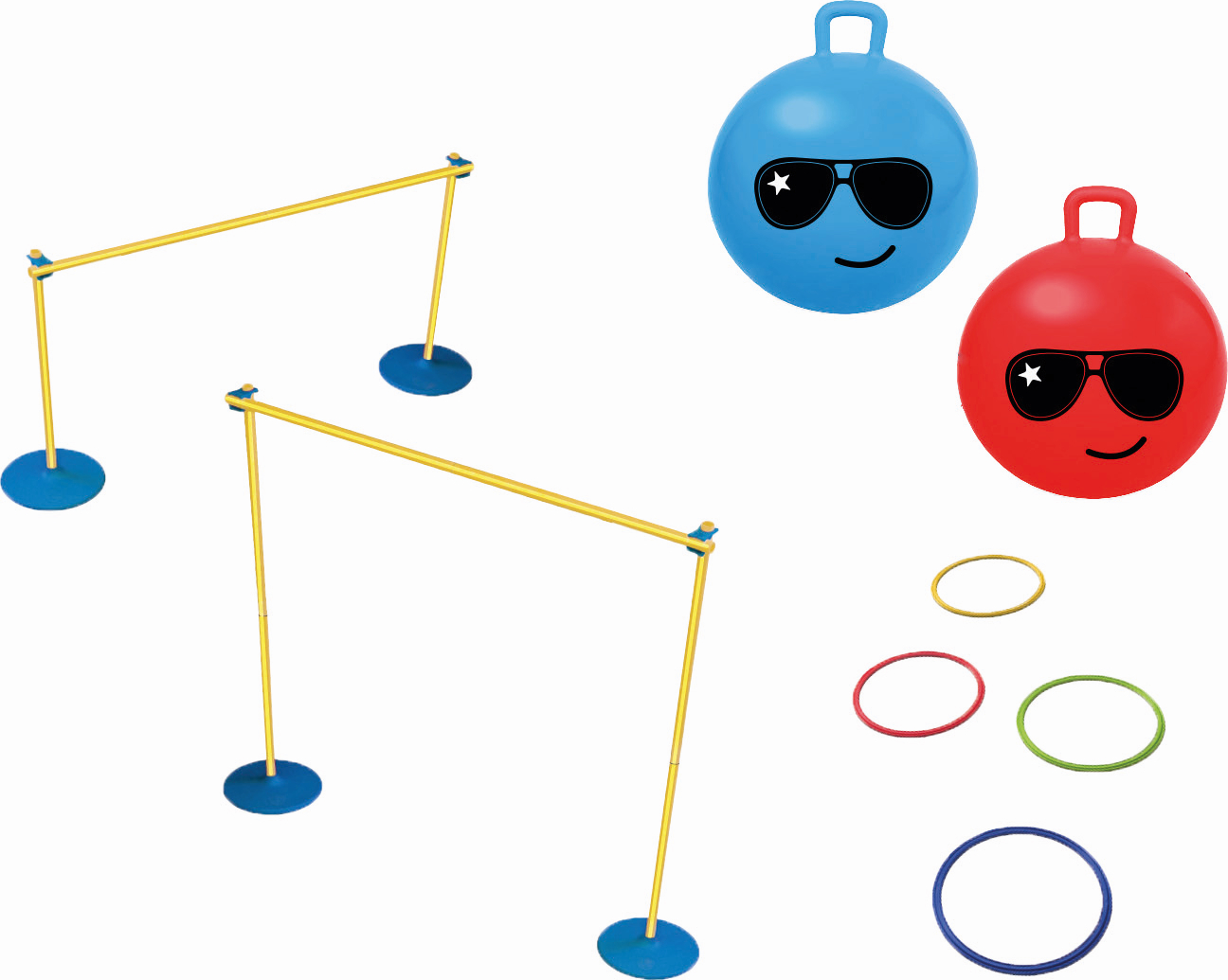 Ein Spielset für Kinder mit zwei Hüpfbällen in Rot und Blau, zwei gelben Hindernisstäben mit blauen Haltern sowie vier bunten Ringen.