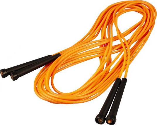 Orange Springseil mit schwarzen Griffen auf weißem Hintergrund