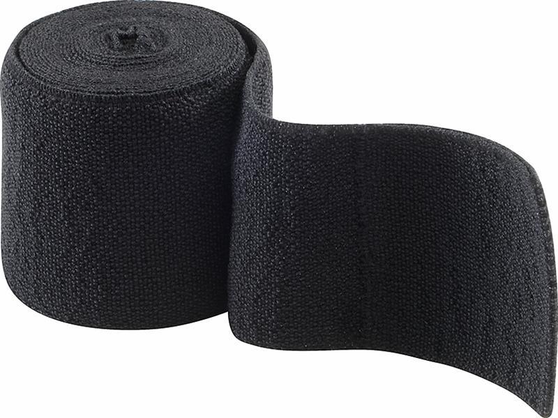 Schwarze elastische Bandage, gerollt und teils entrollt, ideal für Sport oder Erste Hilfe