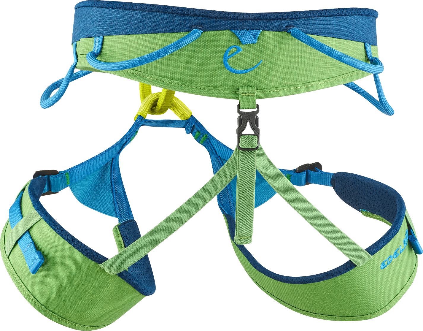Ein grüner und blauer Klettergurt mit verstellbaren Schnallen, geeignet für Kletteraktivitäten