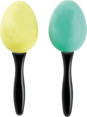 Zwei Maracas, eine gelbe und eine grüne, mit schwarzem Griff