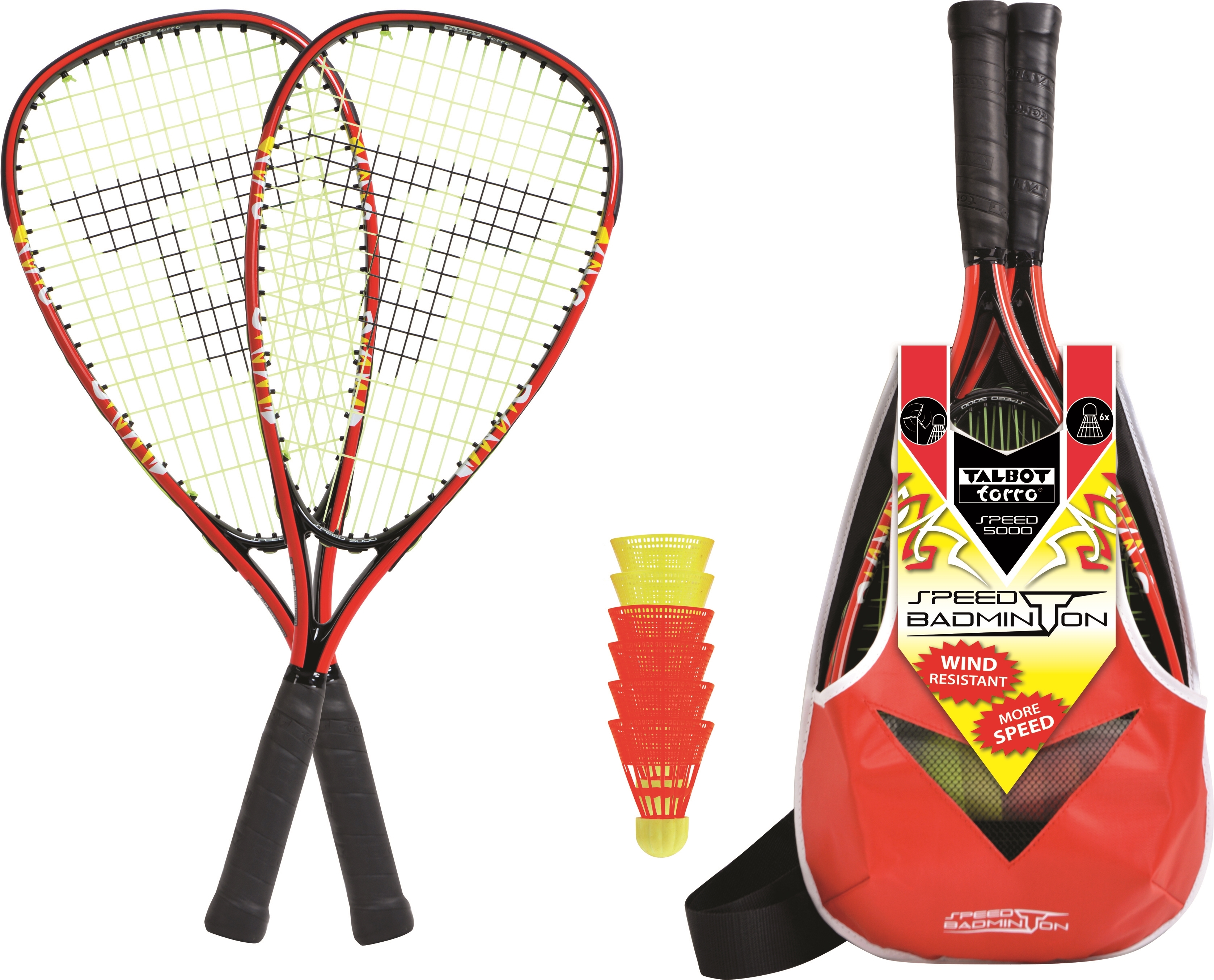 Speed Badminton Ausrüstung bestehend aus zwei Schlägern, Federbällen und einer Tasche