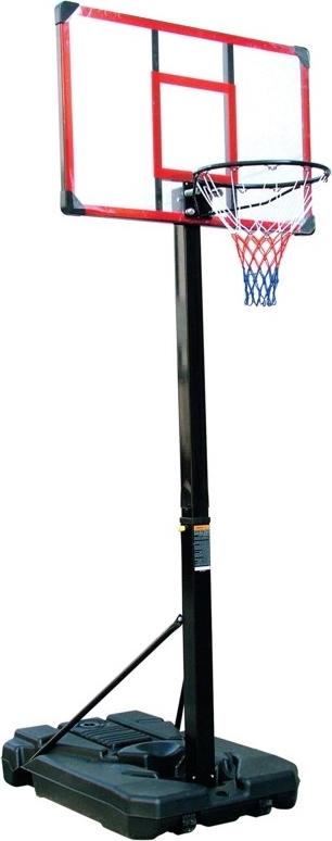 Ein mobiler Basketballkorb mit schwarzem Standfuß, rotem und transparentem Backboard sowie einem roten und blauen Netz.