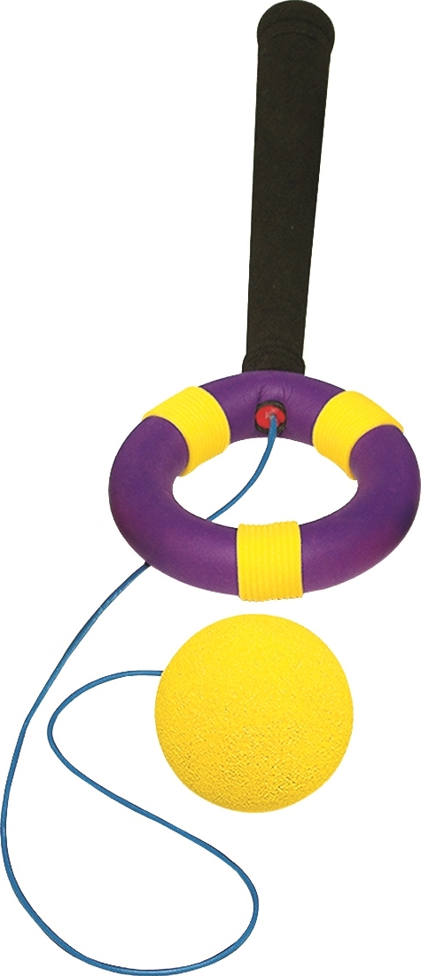 Spielzeug mit gelbem Ball an einer Schnur, verbunden mit einem lila und gelbem Ring mit Griff