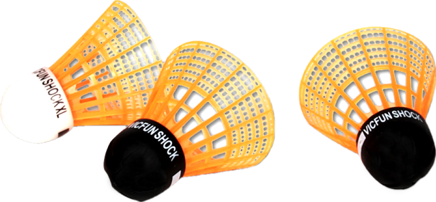 Zwei orangefarbene Badminton-Bälle, ein Ball mit schwarzem und ein Ball mit weißem Sockel, auf weißem Hintergrund