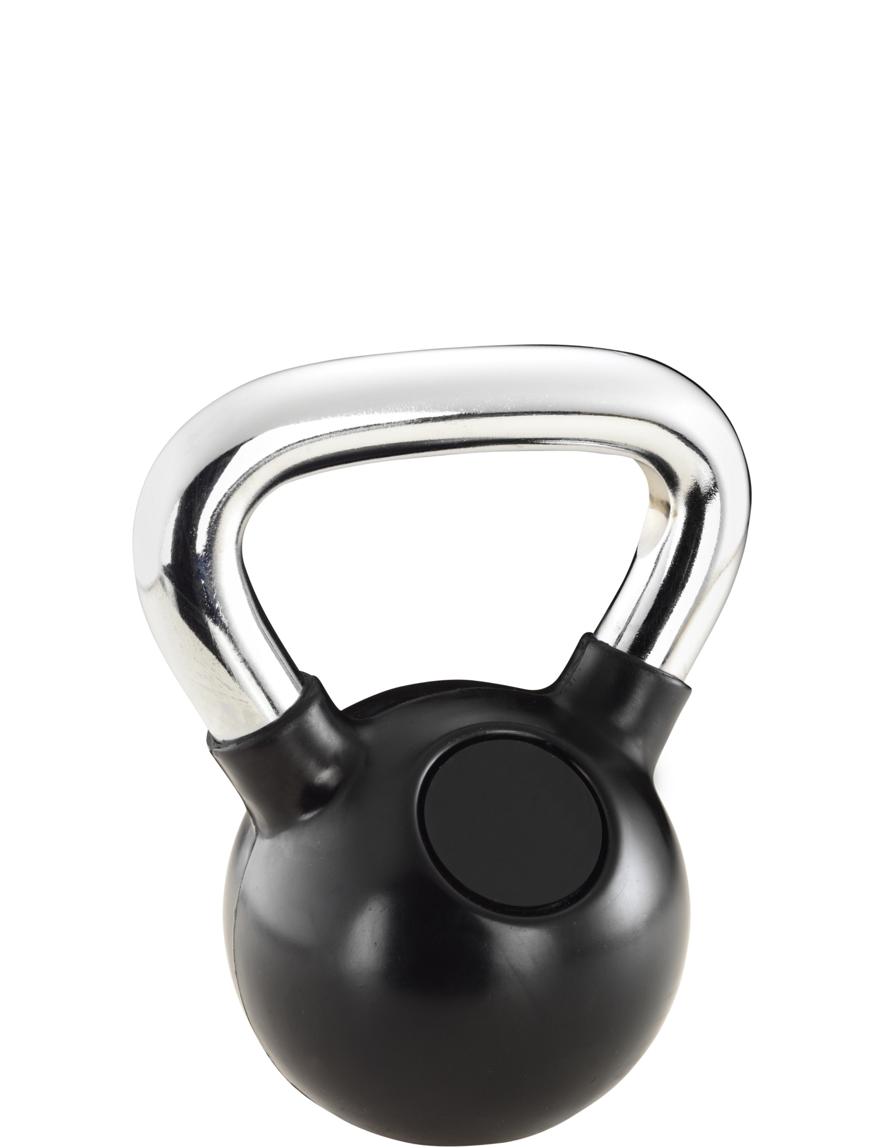 Schwarze Kettlebell mit silbernem Griff auf weißem Hintergrund