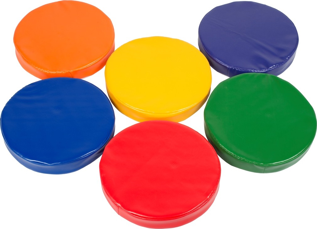 Sechs runde Sitzkissen in Orange, Gelb, Blau, Rot, Grün und Lila