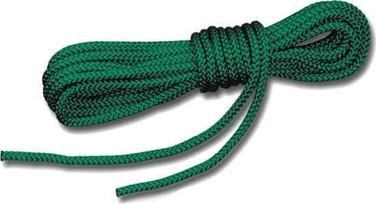 Ein grünes, geflochtenes Seil zusammengerollt, geeignet für Outdoor-Anwendungen wie Camping oder Bergsteigen.