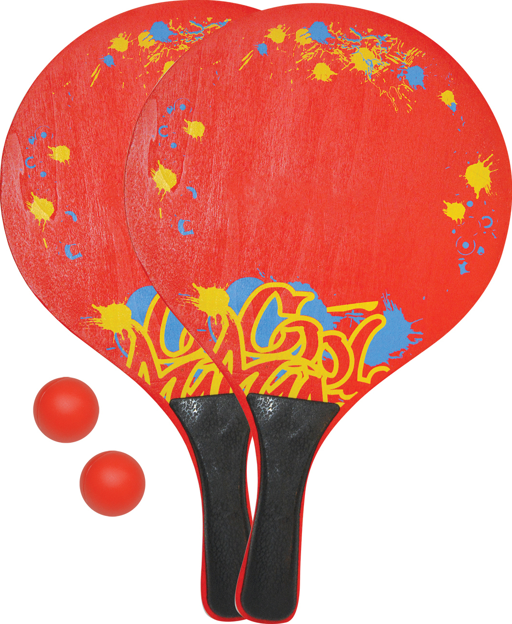 Ein leuchtend rotes Tischtennis-Set mit zwei kunstvoll verzierten Schlägern und zwei passenden Tischtennisbällen