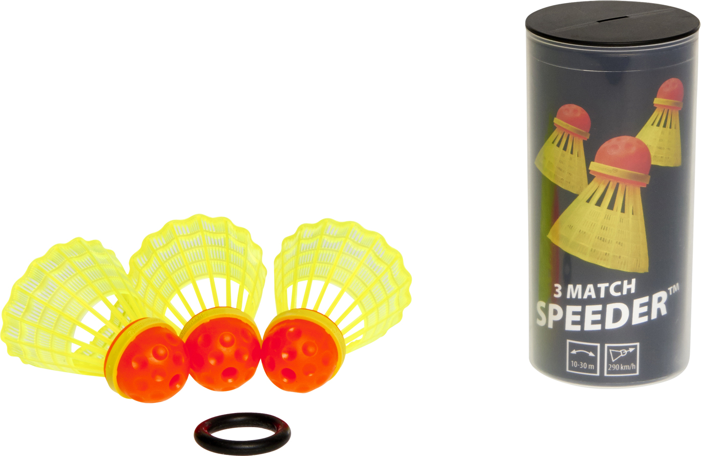 Drei gelbe Speedminton Match Speeder Bälle mit orangem Kopf und schwarze Verpackung im Hintergrund