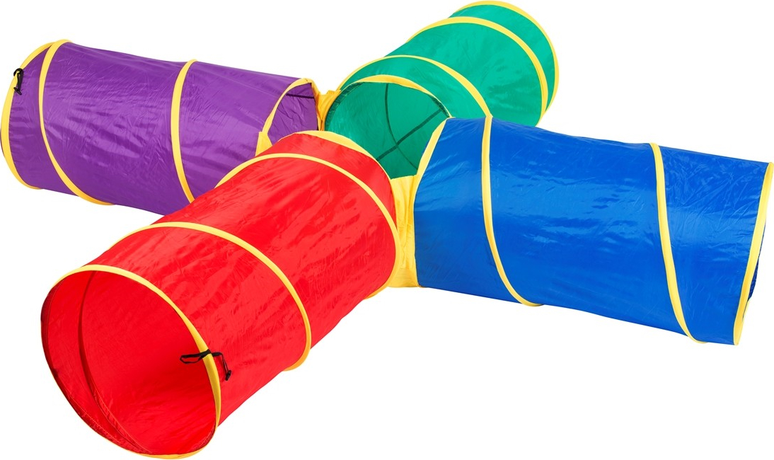 Vierfarbiger Spieltunnel für Kinder mit Röhren in Rot, Blau, Grün und Lila, ideal zum Spielen und Kriechen