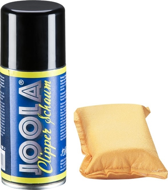 Joola Clipper-Schaum Spraydose neben einem gelben Schwamm