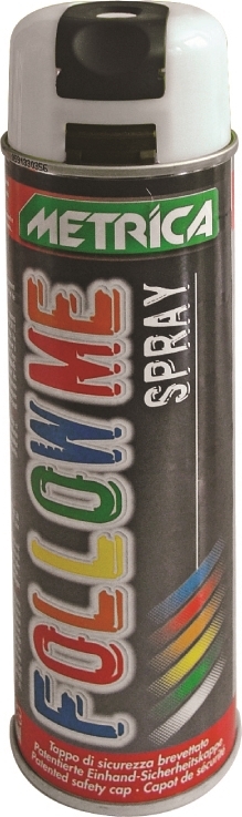 Eine Metrica Follow Me Spraydose mit mehrfarbigem Design und Sicherheitskappe