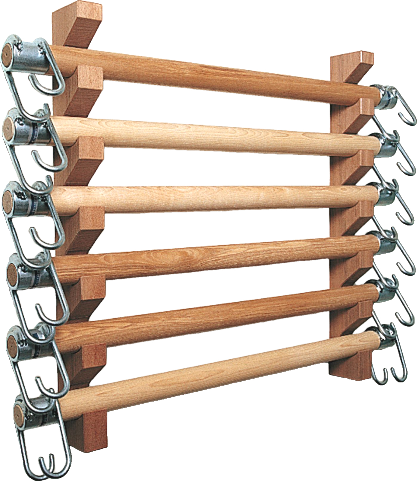 Praktische Holz-Wandhalterung mit sechs Metallhaken, ideal zur Aufbewahrung von Besen und anderen Haushaltsgegenständen