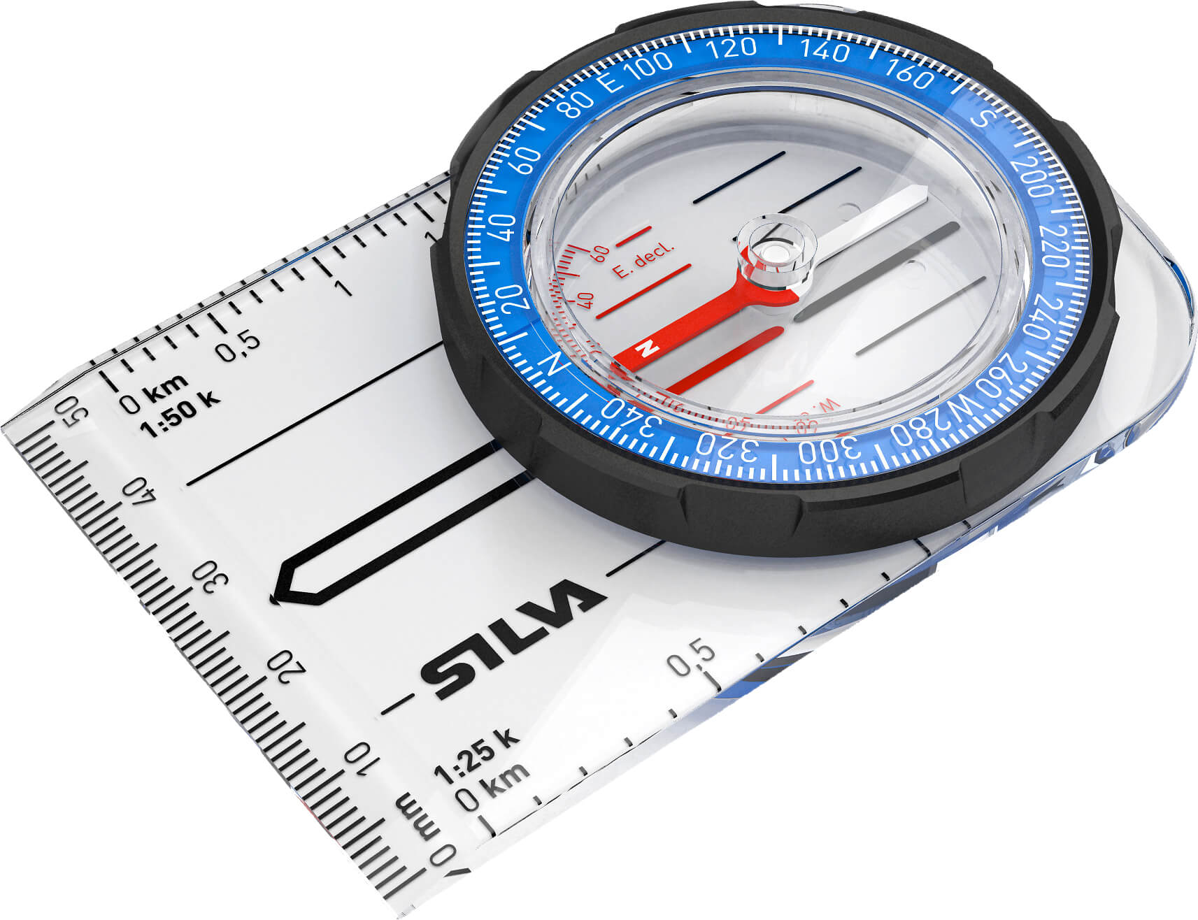 Nahaufnahme eines transparenten Kompasses mit blauer und roter Skala, integriertem Lineal und Navigationsmarkierungen, ideal für Outdoor-Aktivitäten.