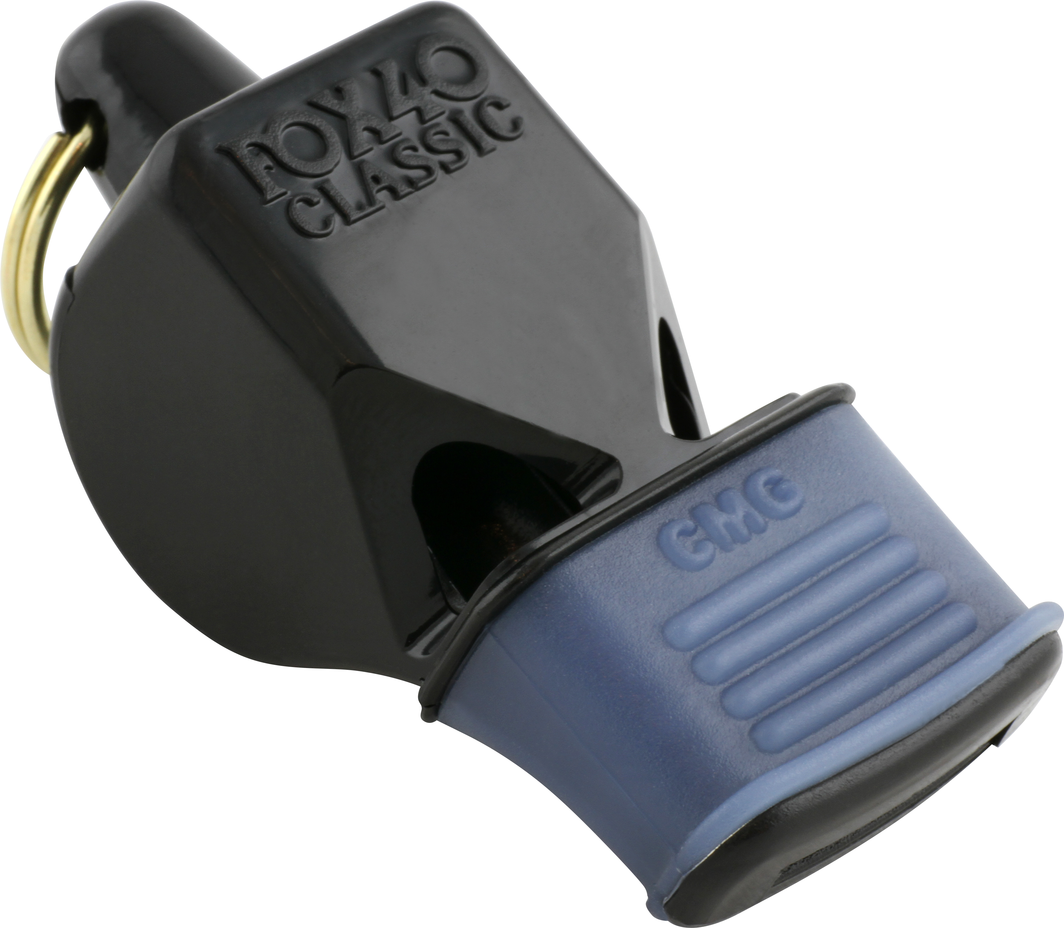 Nahaufnahme einer schwarzen Fox 40 Classic Pfeife mit blauem Griff und Metallring
