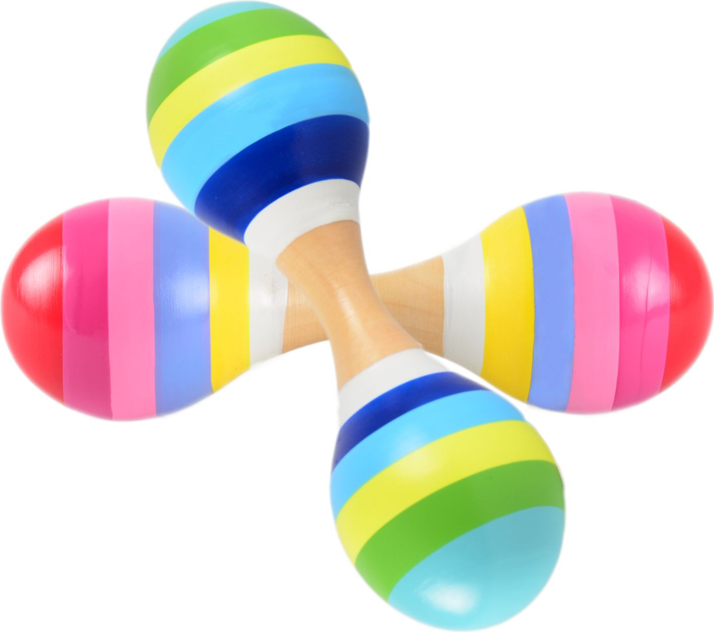 Zwei bunte Maracas aus Holz mit Streifenmuster in kräftigen Farben, ideal für musikalische Aktivitäten für Kinder.