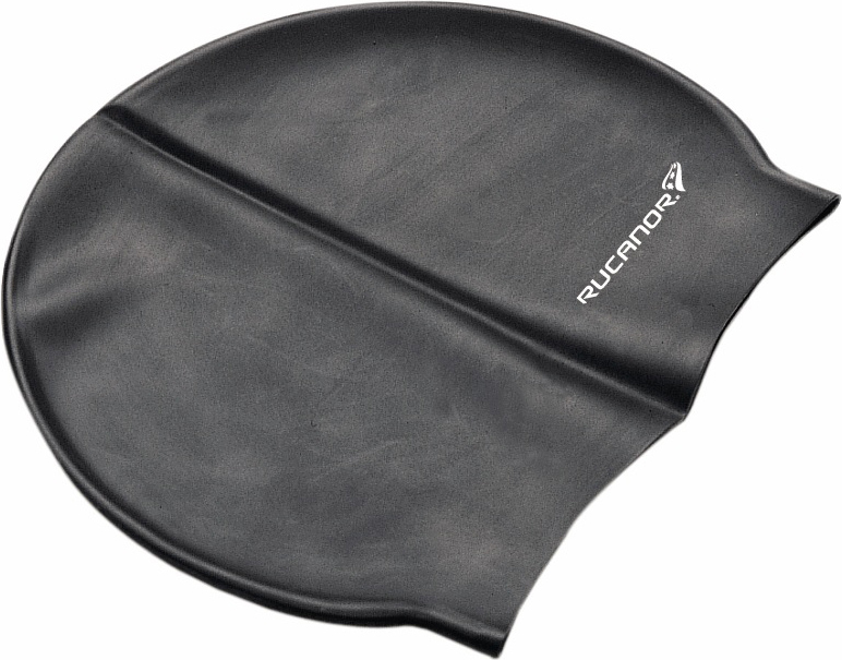 Schwarze Silikon-Schwimmkappe mit Rucanor-Logo für optimalen Tragekomfort im Wasser