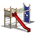 Abbildung eines Spielturms für Kinder mit roter Rutsche, Kletternetz und blauer Kletterwand