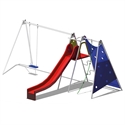 Spielplatz-Set bestehend aus einer Schaukel, einer roten Rutsche und einer blauen Kletterwand mit Klettergriffen.