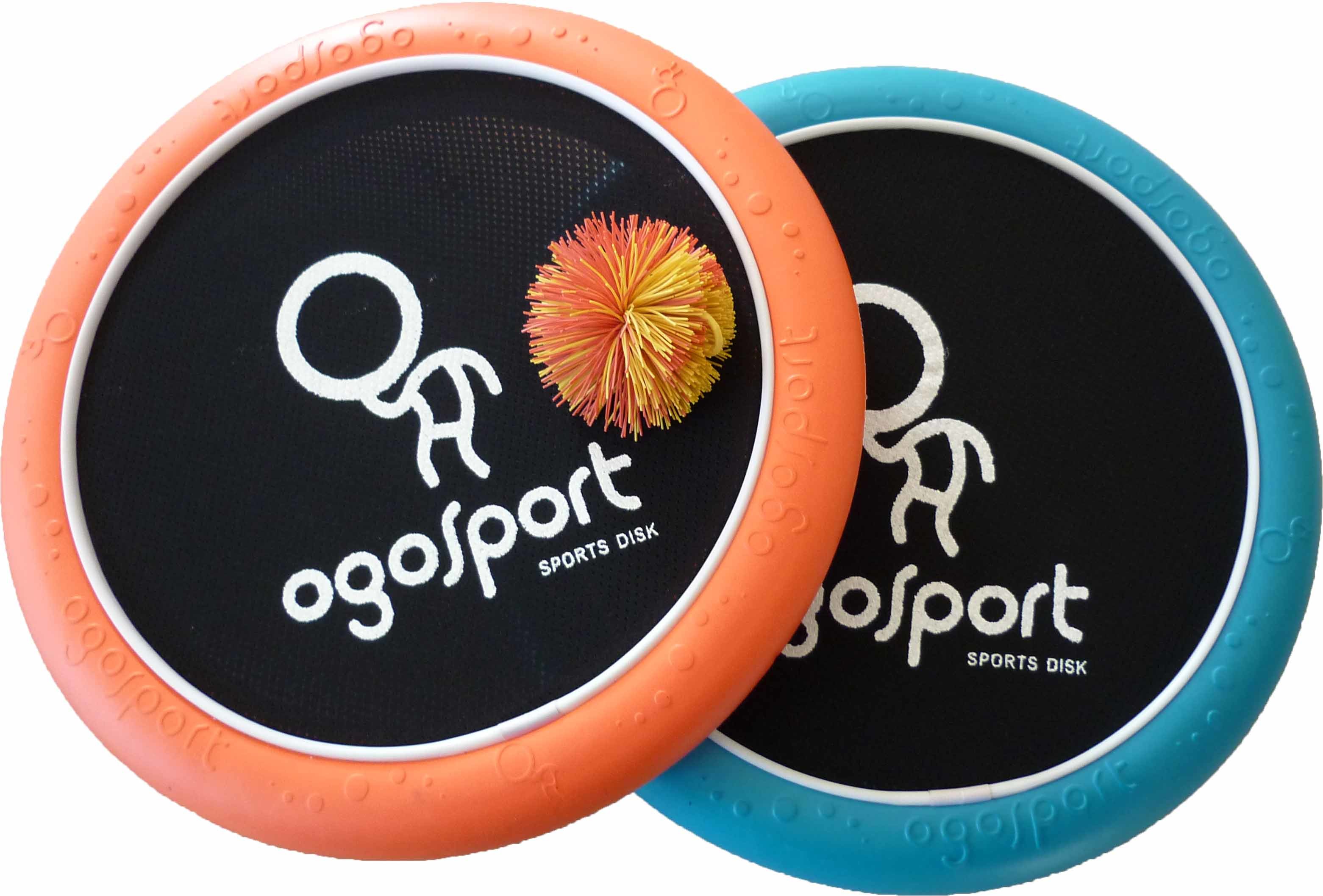 Zwei OgoSport Sports Disks in Orange und Blau mit einem bunten Ball, ideal für Outdoor-Spiele