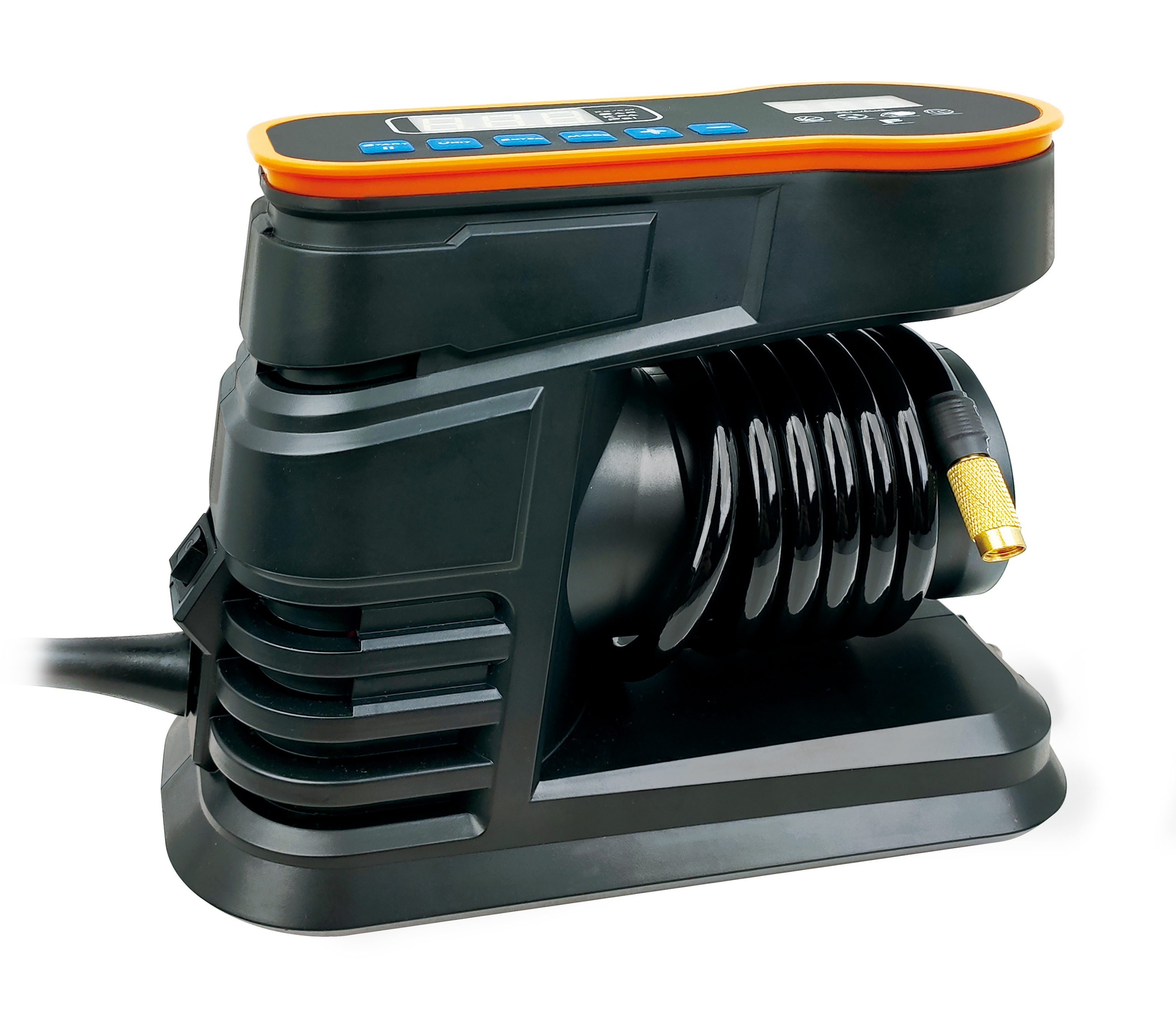 Schwarze digitale Reifenpumpe mit LCD-Display und Spiralkabel