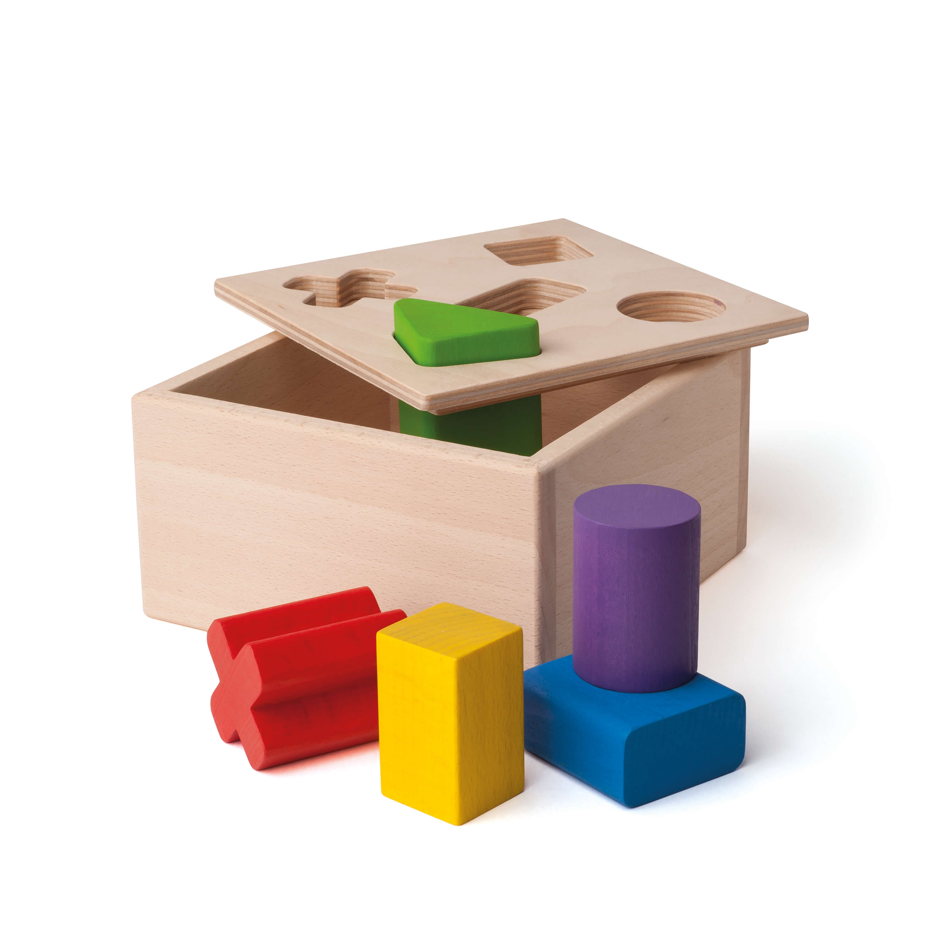 Holz-Steckbox mit herausnehmbaren bunten Formen in verschiedenen geometrischen Formen wie Kreis, Quadrat, Dreieck und Stern, ideal für Kinder zum Lernen und Spielen.