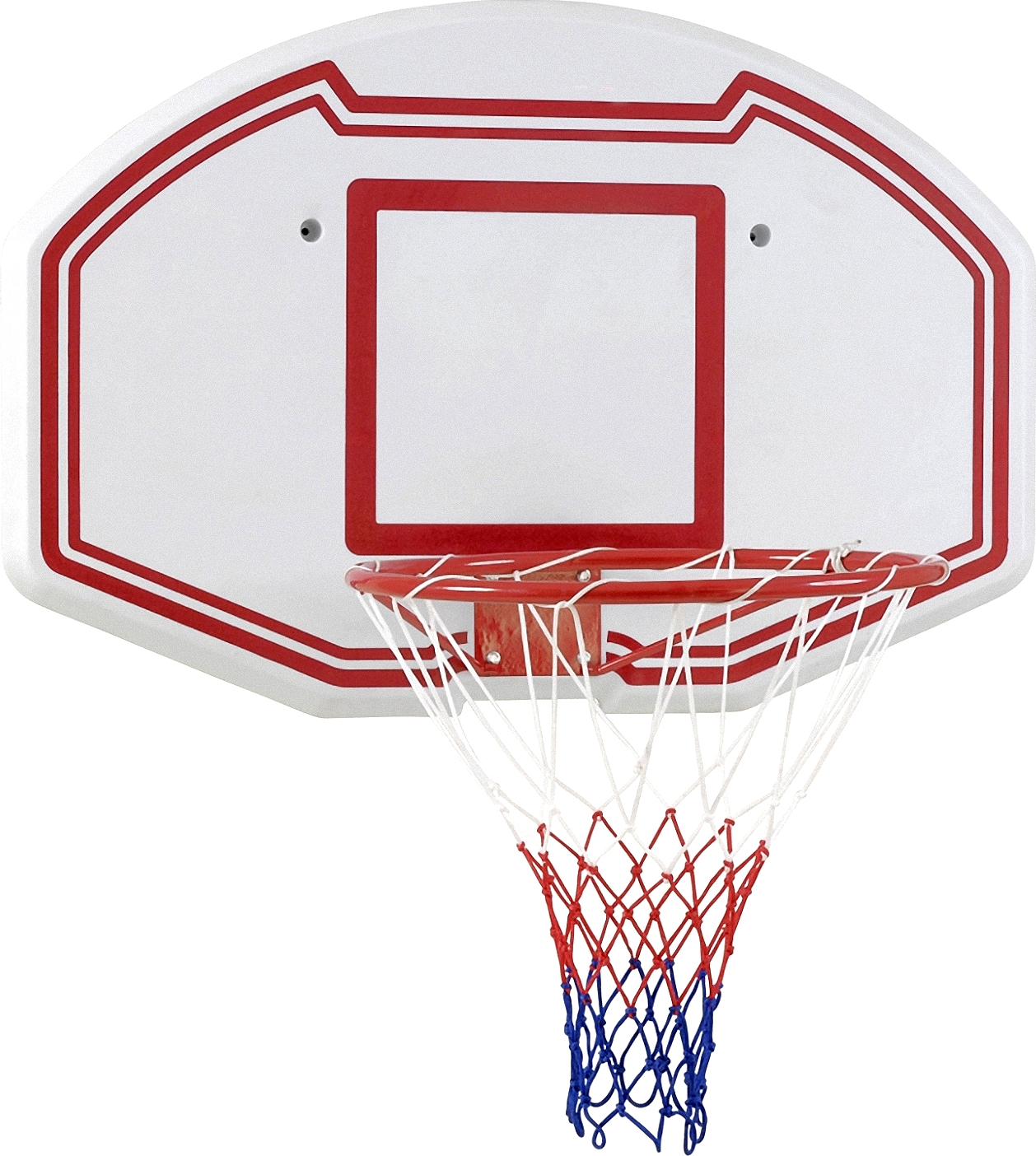 Ein Basketballkorb mit rotem und blauem Netz, montiert an einem weißen Rückbrett, geeignet für den Außenbereich.