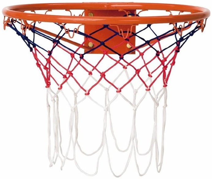 Ein robuster Basketballkorb aus Metall mit einem dreifarbigen Netz in Blau, Rot und Weiß, geeignet für Basketballspiele im Freien.