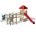 Abbildung eines multifunktionalen Spielplatz Klettergerüsts mit Rutsche und verschiedenen Spielstrukturen für Kinder
