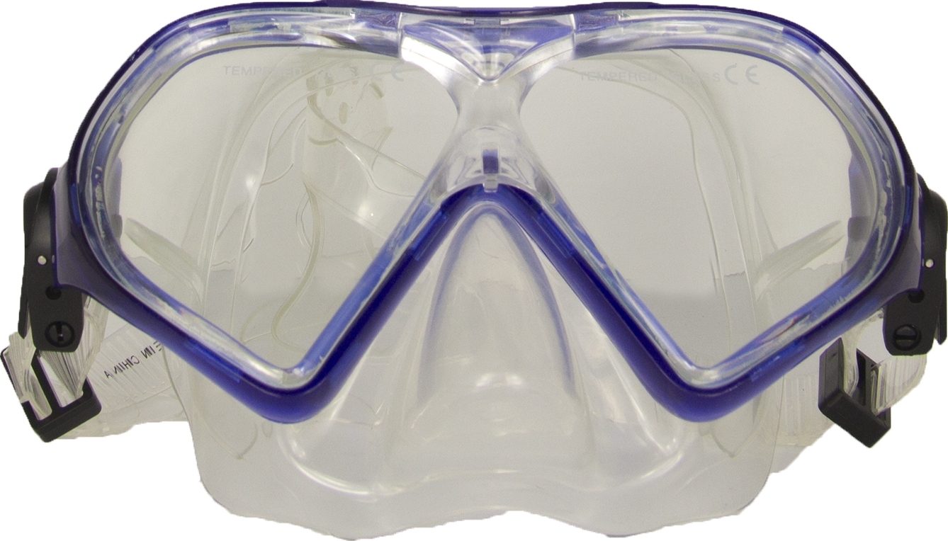 Nahaufnahme einer Taucherbrille mit blauem Rahmen und klarem Glas, geeignet für Schnorcheln und Tauchen